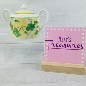 Waverly GAZEBO Green Leaves  Yellow Porcelain Doudled Handled Lidded Sugar Bowl